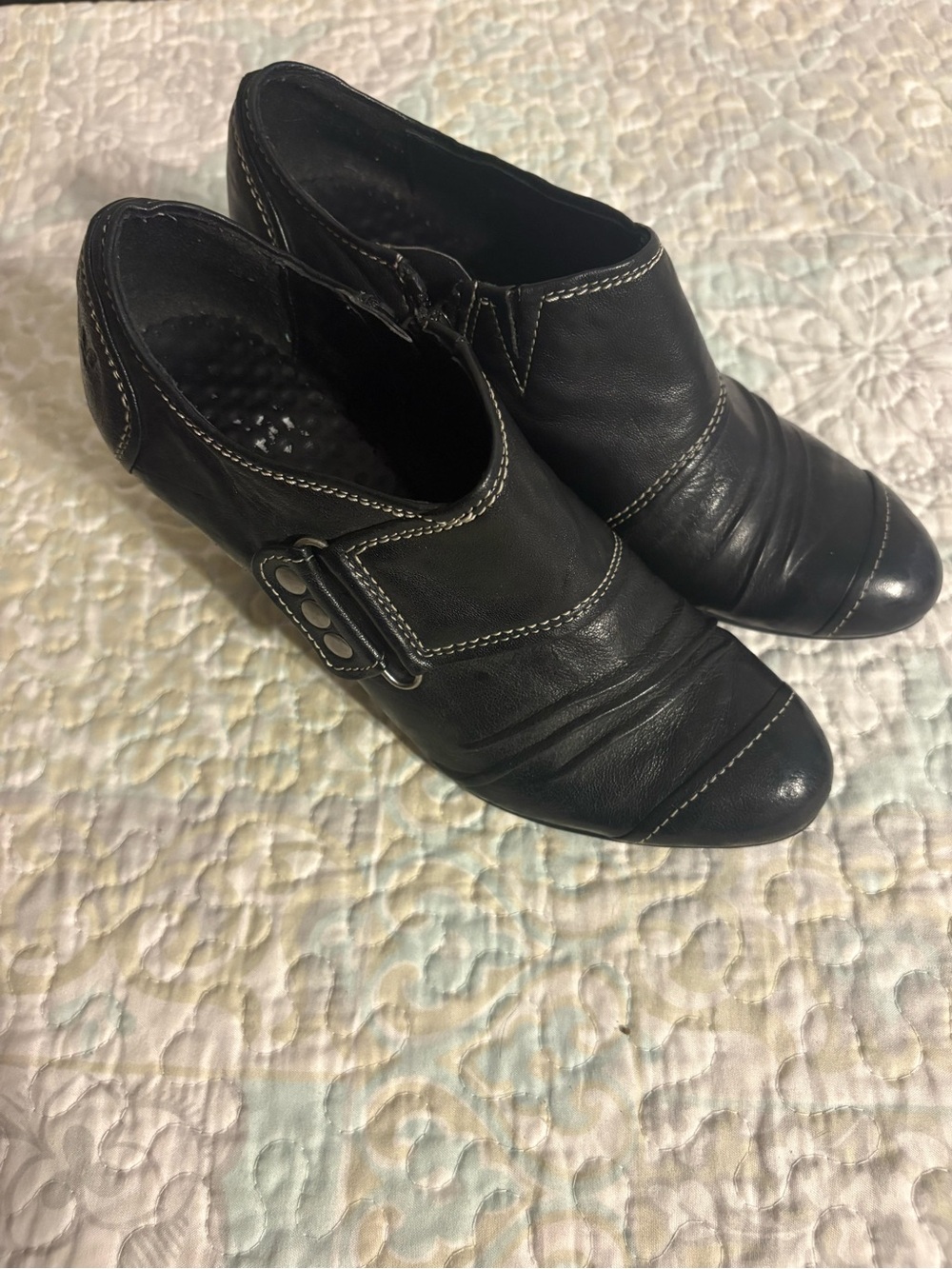 Caprice Black German Leather Ankle Heeled Bootie with buckle detail